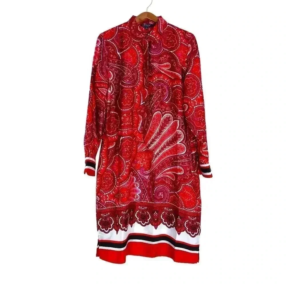 Ralph Lauren Red Paisley Satin Scarf Dress Long Sleeves Women's Size 12 - Picture 1 of 8